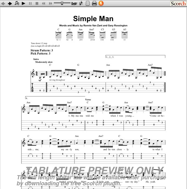 simple man lynyrd skynyrd chords guitar